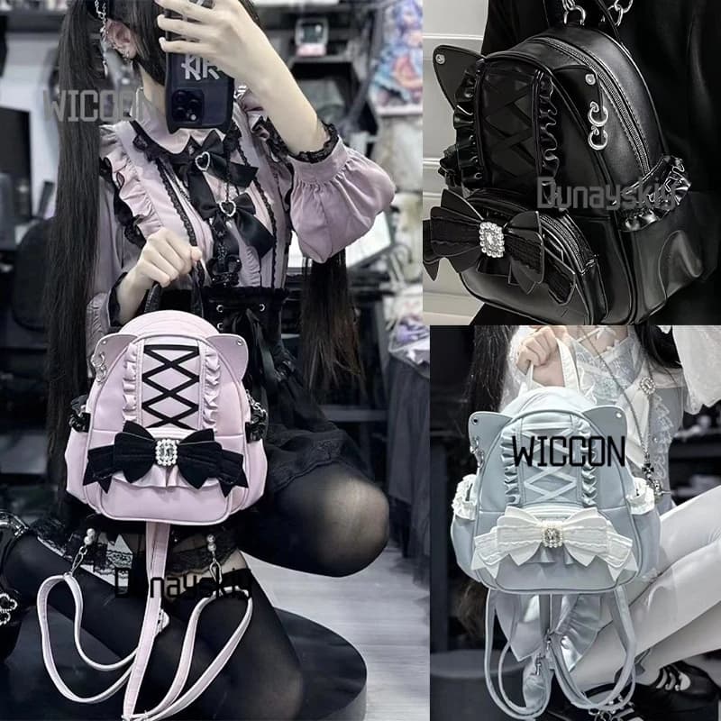 Jirai Kei Anime cosplay Gothic Y2K dark kawaii subculture lace cat ear backpack for back to school season Accessories cosplay