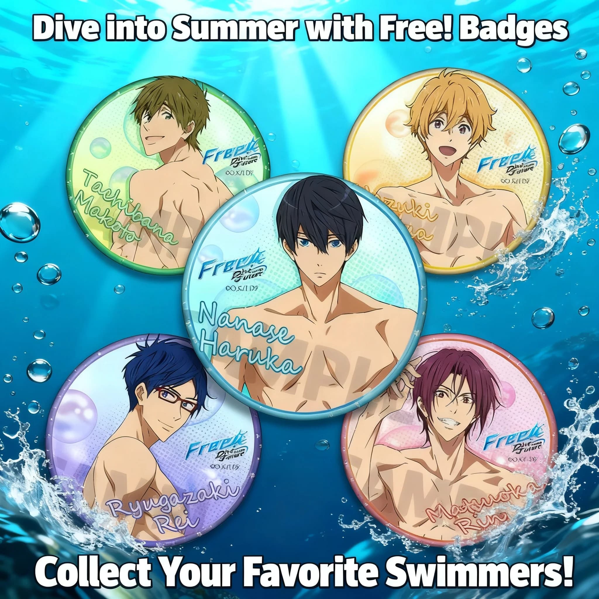 Set di spille con badge anime Free! - Club di Nuoto, con Nagisa Hazuki, Haruka Nanase, Makoto Tachibana, Rin Matsuoka - Merchandise Ufficiale