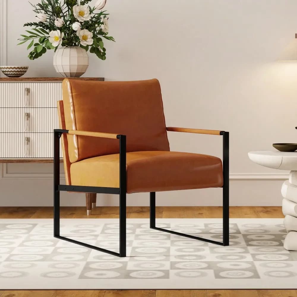 PU Leather Lunch Chair with Metal Structure, Comfortable Single Reading Armchair with Back and Padded Pillow