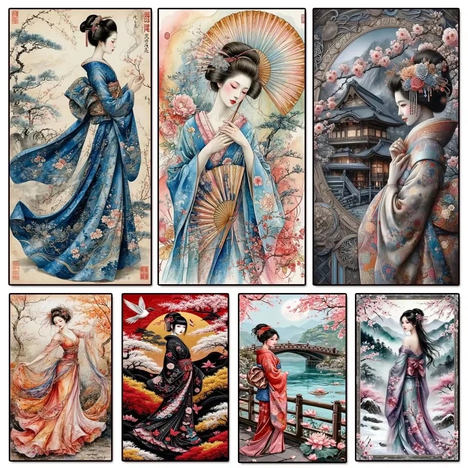 Japanese Kimono Women 5D DIY Diamond Art Painting Kit Full Diamond Mosaic Cross Stitch Embroidery For Home Decor