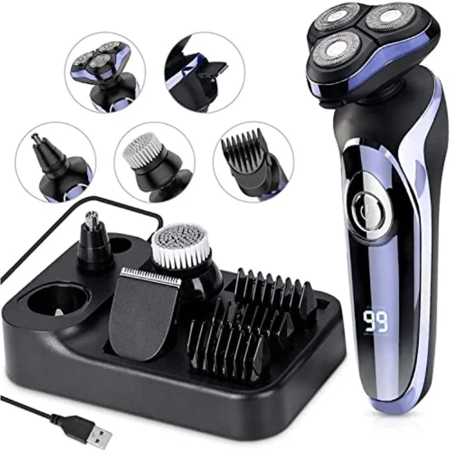 Rasoio Elettrico per Uomo 4 in 1, Rasoio Rotante, Regolabarba, Impermeabile, Ricarica USB Rapida, Senza Fili, per Barba e Naso