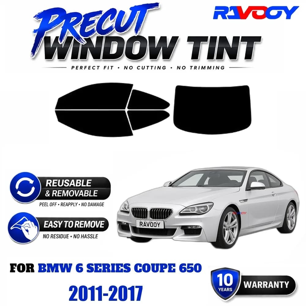 RAVOOY Precut Window Tint, Reusable Removable EPU Film, Custom Fit for Bmw 6 Series Coupe 650 2011-2017, UV Heat Protection