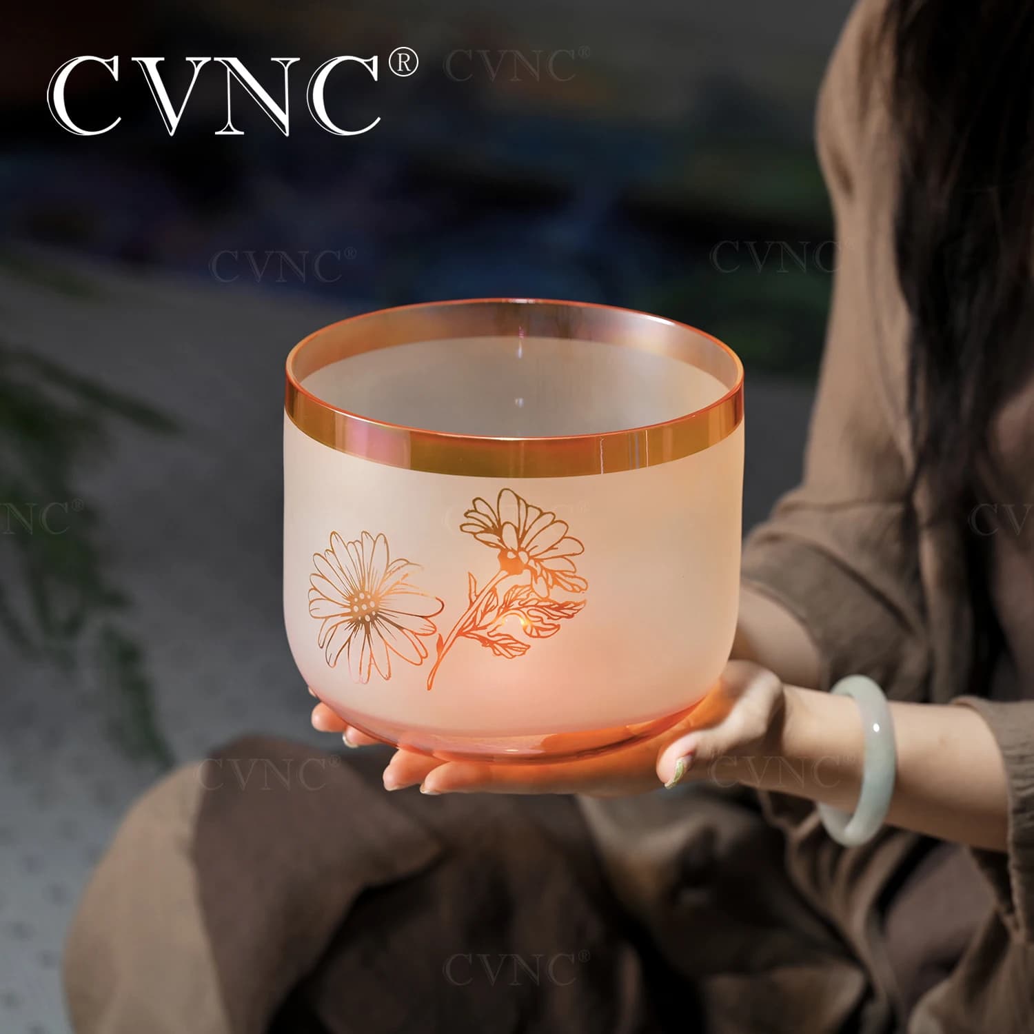 7 Inch Summer Flowers Color Clear Quartz Crystal Singing Bowl for Meditation and Sound Healing with mallet