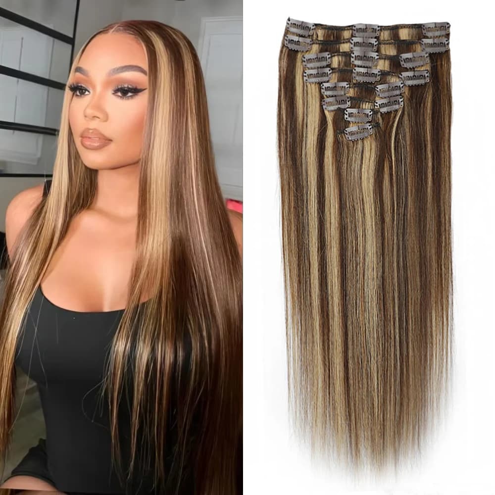 8 pieces highlight straight clip ins human hair P4/27 100% genuine hair clip not treated in the hair thicker shades extensions of raw hair