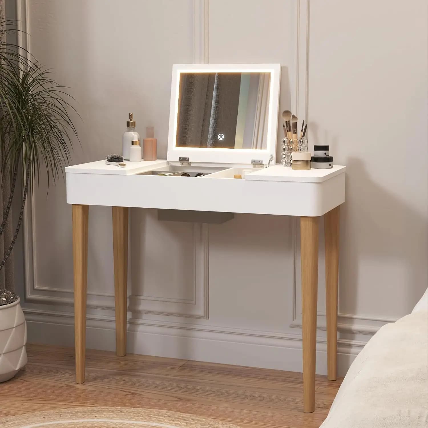 Specchio LED Compatto Ribaltabile con Tavolo da Toeletta, Gambe in Legno Massello, Ampio Spazio di Archiviazione, Ripiani Laterali Pieghevoli, Finitura Bianca Naturale, Personalizzabile