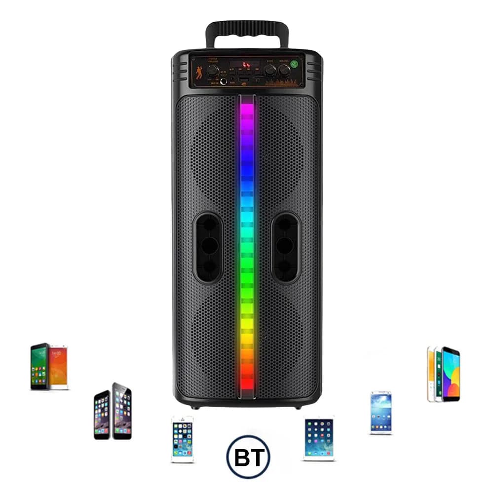 Altoparlante stereo compatibile con Bluetooth con telecomando e microfono, doppio subwoofer per viaggi, interni ed esterni