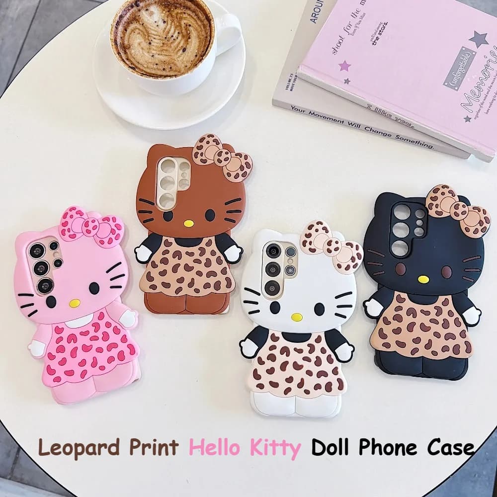 Cover per Telefono con Stampa Leopardata Hello Kitty Sanrio per Samsung S26 Ultra S25 S24 S23 S22 Plus FE A57 A37 A17 A07 A56/36