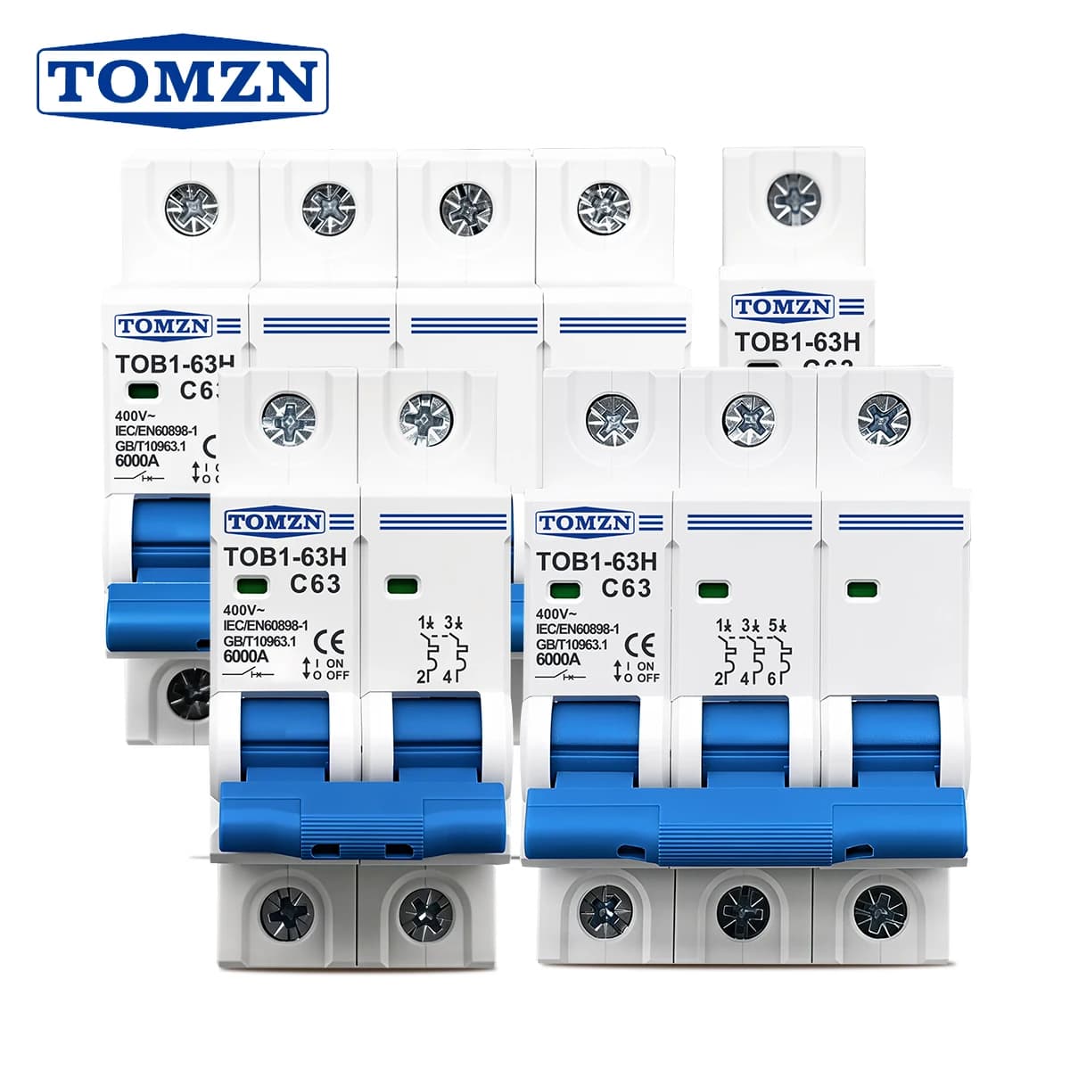 TOMZN AC MCB TOB1-63H Curva C 230/400V~ 50/60Hz Mini interruttore automatico 1P 2P 3P 4P 3A 6A 10A 16A 20A 25A 32A 40A 50A 63A 6kA