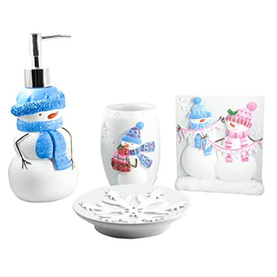 Set da Bagno Natalizio con Dispenser Sapone, Porta Spazzolino, Bicchiere e Portasapone a Forma di Pupazzo di Neve, Bianco