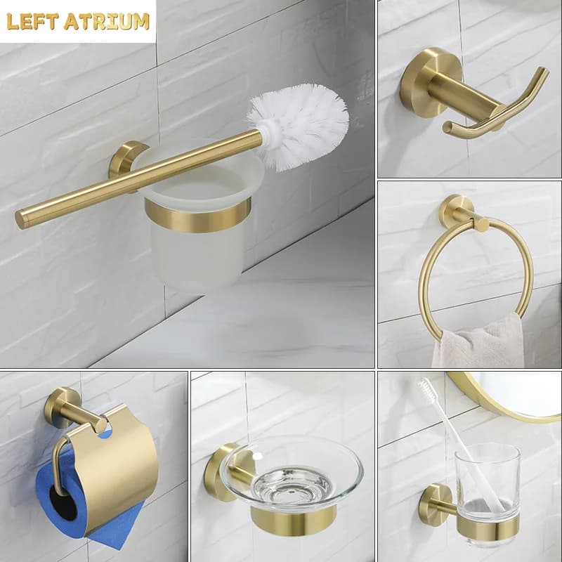 Bathroom Hardware Set Brushed Gold Toilet Brush Holder Robe Hook Paper Holder Soap Dish Holder Wall Mount Bathroom Accessories