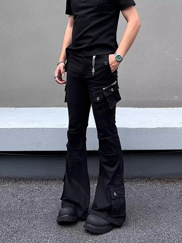 2026 Ropa Y2K New Fashion Multi Pockets Black Slim Flared Jeans Pants Men For Clothing Casual Cotton Long Trousers Moda Hombre