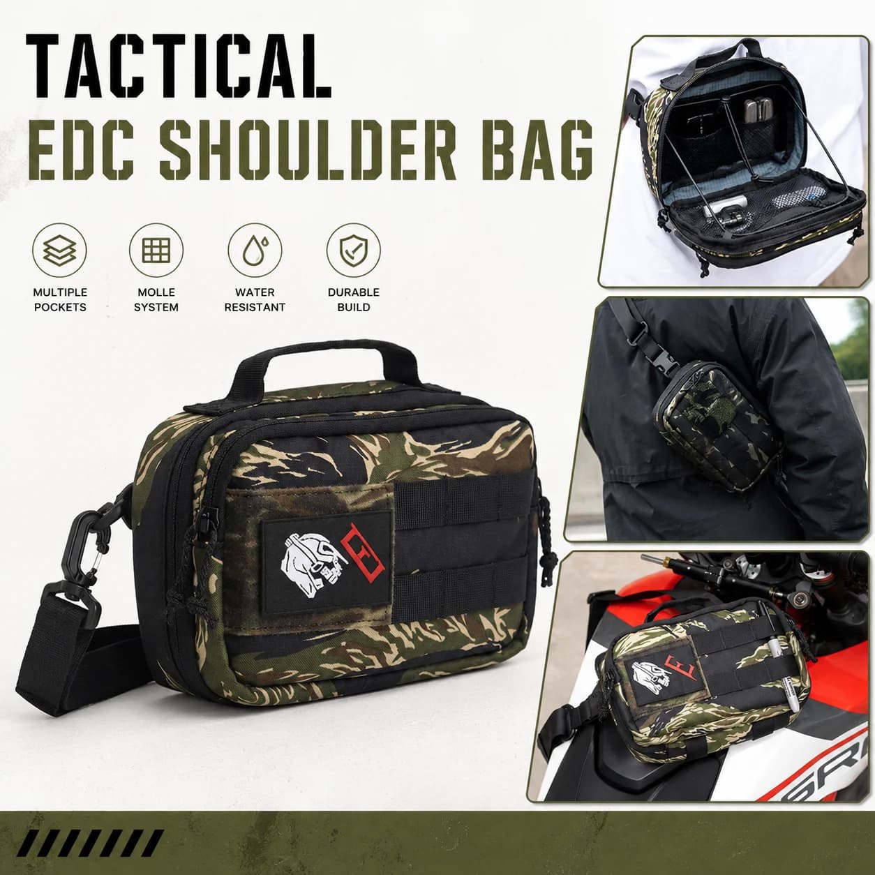 Borsa Tattica EDC da Uomo, Marsupio Multifunzione a 3 Posizioni, Borsa a Tracolla con Cintura e Tracolla Staccabile, Sistema MOLLE