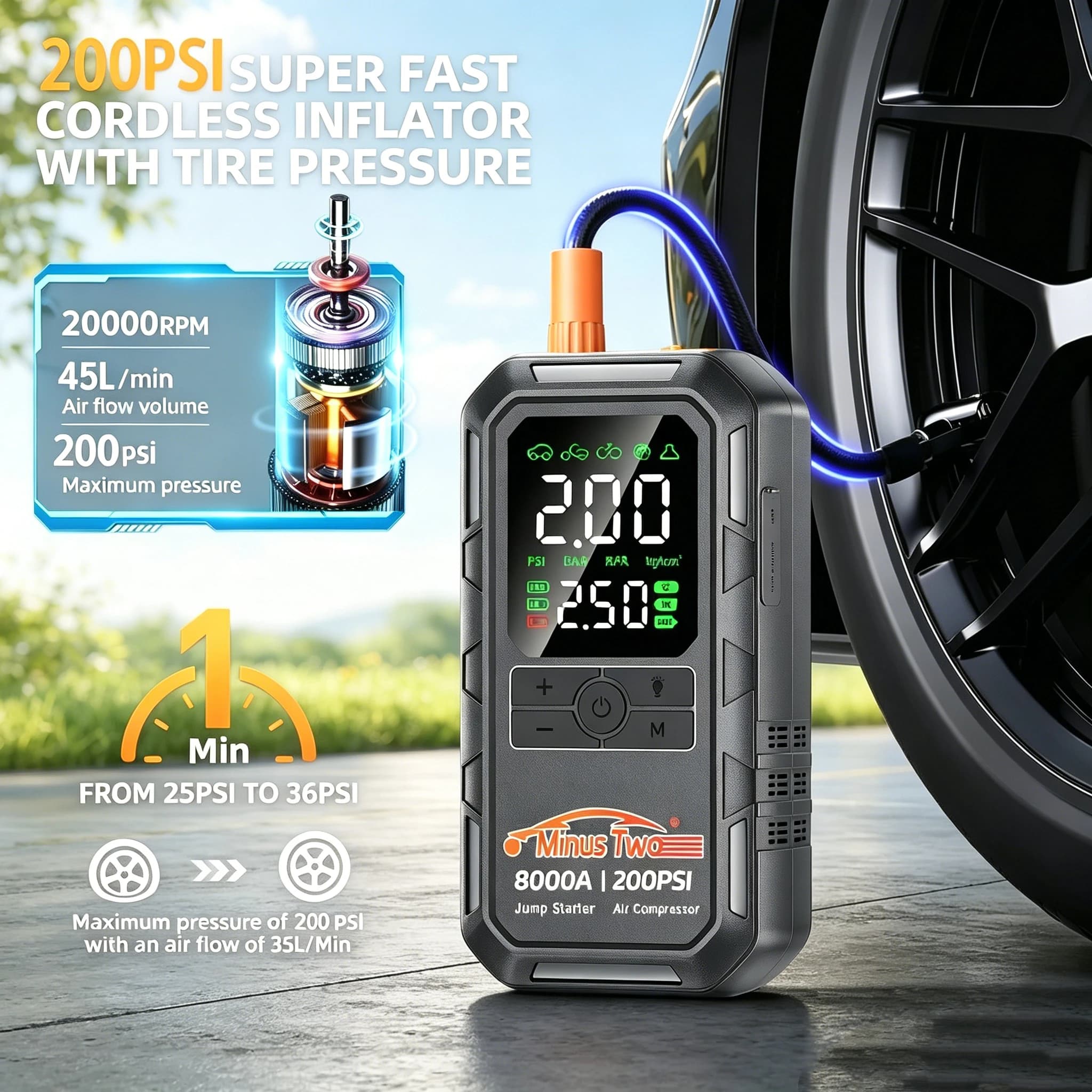 Avviatore d'emergenza portatile 8000A con compressore d'aria - Booster batteria 12V per motori a benzina 6L/diesel 5L