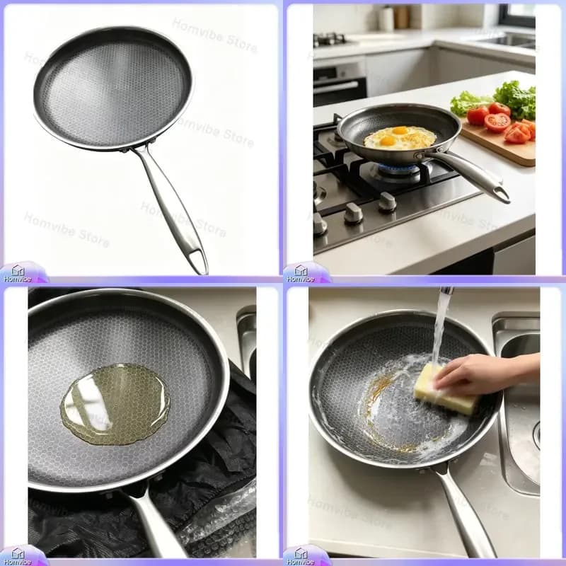316 Stainless Steel Honeycomb Nonstick Frying Pan Induction Compatible Cookware Set Kitchen Utensils Heavy Duty Flat Bottom
