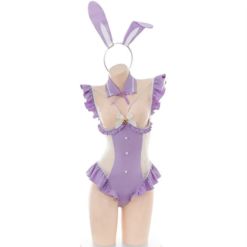 AniLV Costume da Coniglietta Anime, Lingerie Sexy da Donna, Body in Pizzo Viola, Pigiama Provocante, Costumi Erotici