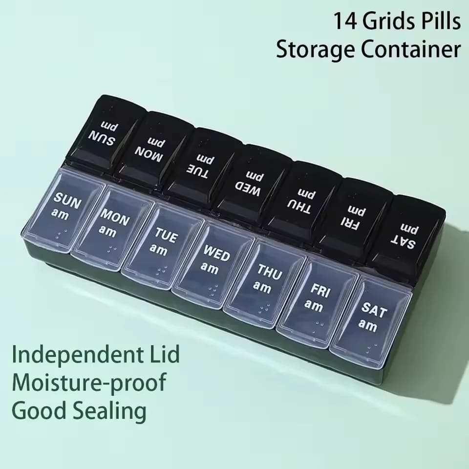 7-day portable weekly pillbox, 14 compartments, travel medicine container, for tablets, vitamins, oil supplements
