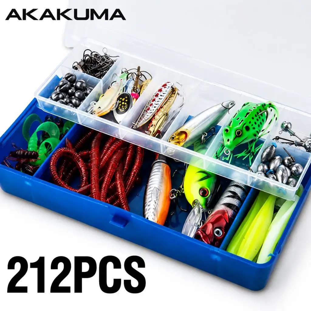 212Pcs Fishing Lure Set Mixed Hard Baits Soft Plastics Worms Spoons with Double Layer Tackle Box for Freshwater Saltwater