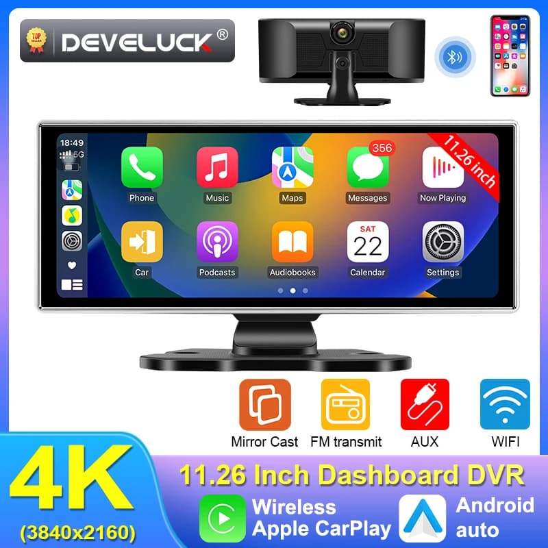 Develuck 11.26 "4K Dash Cam Telecamera per retrovisione Wireless Carplay Android Auto Dual Lens Car DVR Videoregistratore AUX GPS BT Monitor