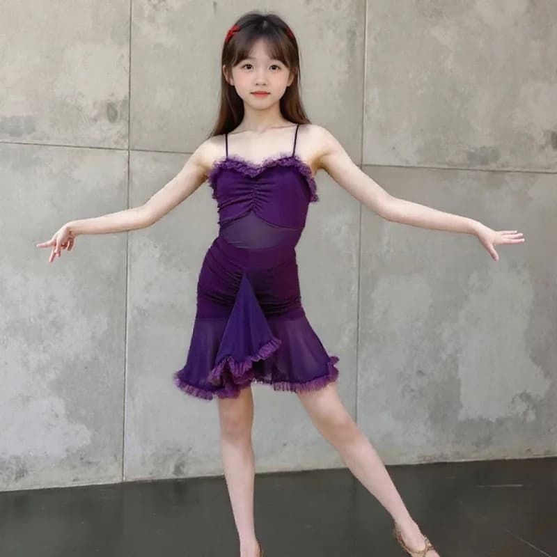 Abito da ballo latino professionale estivo per bambine, in rete senza maniche, per danza da sala Chacha