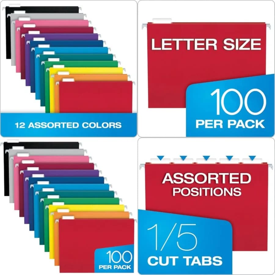 Cartelle Portadocumenti Colorate Formato Lettera con Linguette Regolabili 1/5, 8.5 X 11-12 Pollici, Colori Assortiti, Confezione da 100