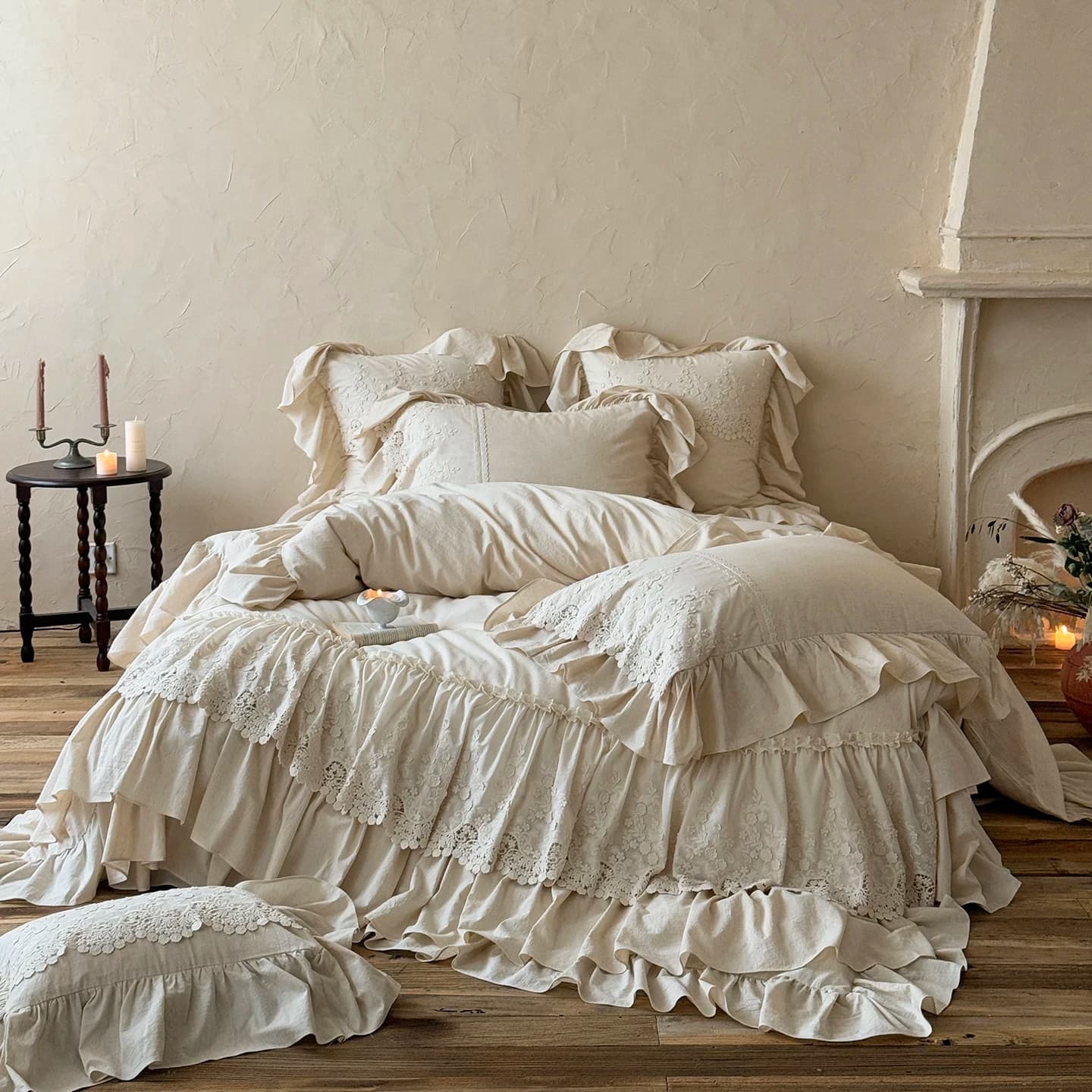 Romantic French Double Layer Lace Ruffles Bedding Set 20% Ramie, 80% Cotton Duvet Cover Set Quilted Bedspread Pillowcases 4Pcs