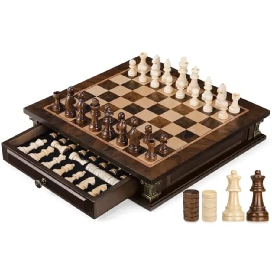 Set di scacchi magnetici da viaggio per adulti, bambini e serate di gioco in famiglia: tavola in legno da 12 pollici con 2 cassetti portaoggetti integrati, nero
