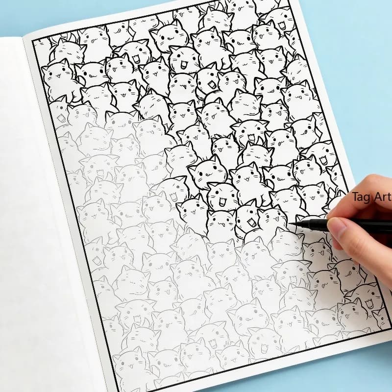 Copying and Drawing Line Graffiti, with A Lot of Cartoon Cats Fine Line Draft Coloring Books, Stress Relieving Coloring Book