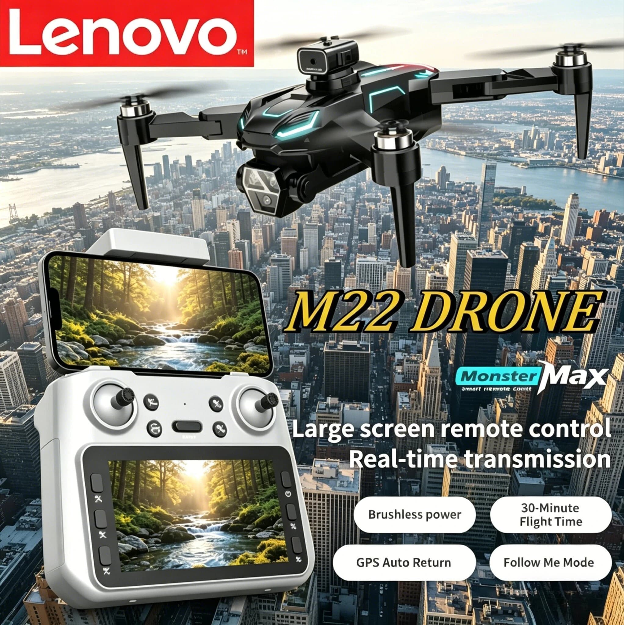 Lenovo M22 Foldable Drone 8KHD Ultra Clear Aerial Photography Brushless Motor Optical Flow ESCSuper Long Endurance RC Quadcopter