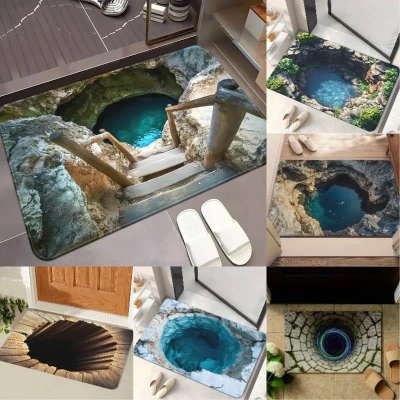 Anti-slip entry mat with 3D visual illusion, trap pattern, funny carpet for jokes, carpet with realistic visual effect
