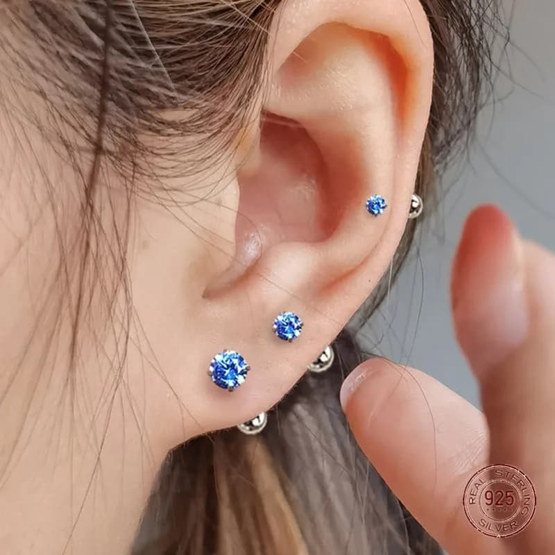 Orecchini rotondi di lusso in argento sterling 925 con zirconi blu, adatti per accessori di gioielli per piercing al corpo alla moda da donna