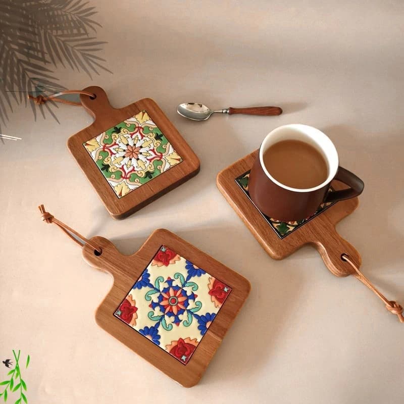 Tappetino per vaso a mano in mattoni con fiori in legno massello Tappetino per tazza isolato Tappetino da pranzo retrò Decorazione per tappetino da tavolo da cucina per ristoranti domestici