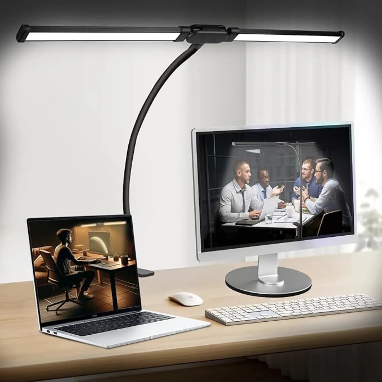 Lampada da scrivania a LED per ufficio domestico con clip su monitor per computer a doppia testa Lampada a clip regolabile e flessibile con design a collo di cigno