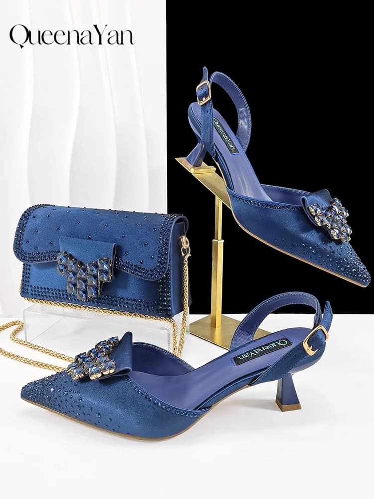 QueenaYan Set di Scarpe Eleganti Blu Navy con Cinturino a Catena Lunga e Borsa Abbinata