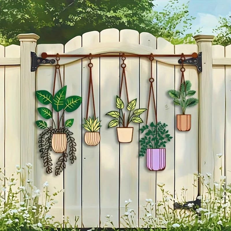 Plant Wall Decoration - 1pc Metal Brown Hanging Pipes with Green and Purple Flower Pots, Vertical Flower Arrangement -Heavy Iron