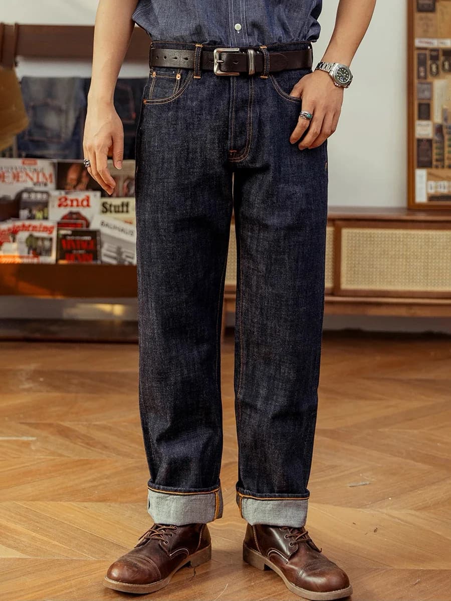 Jeans in denim con cimosa rossa Tornado da 14 once Pantaloni larghi a gamba dritta Amekaji DN-0006