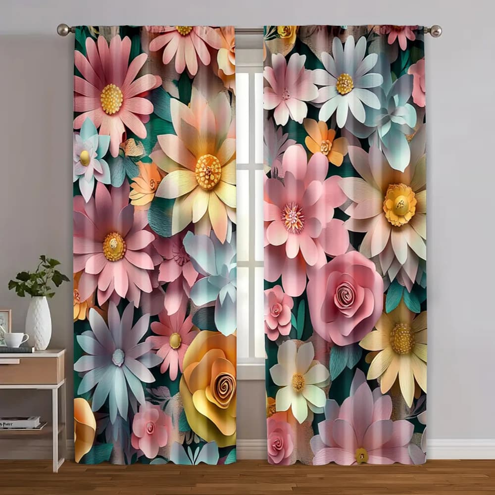 2 pezzi, tende e cassetti stampa 2D Bellissimi fiori viola e rosa Tessuto (senza asta) Isolamento termico e oscuramento della stanza