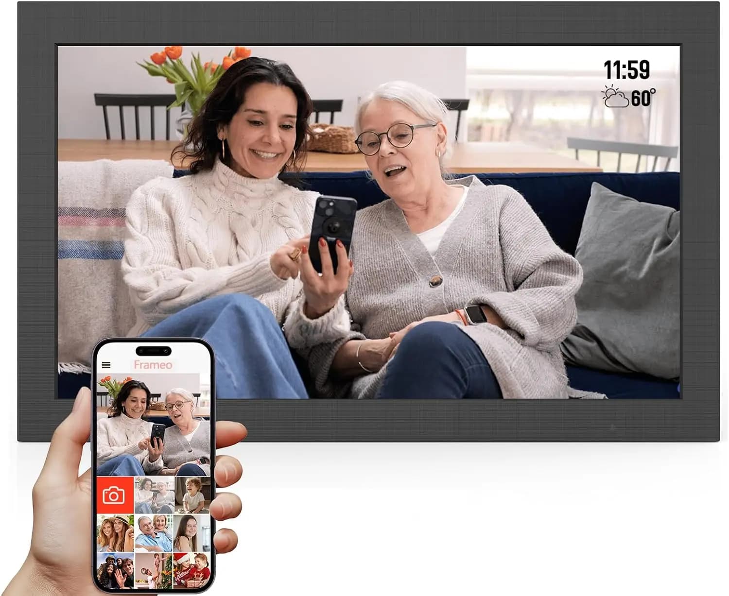 Cornice digitale WiFi da 15,6 pollici con schermo IPS touch HD 1920x1080, rotazione automatica, montabile a parete, condivisione foto tramite l'app Frameo
