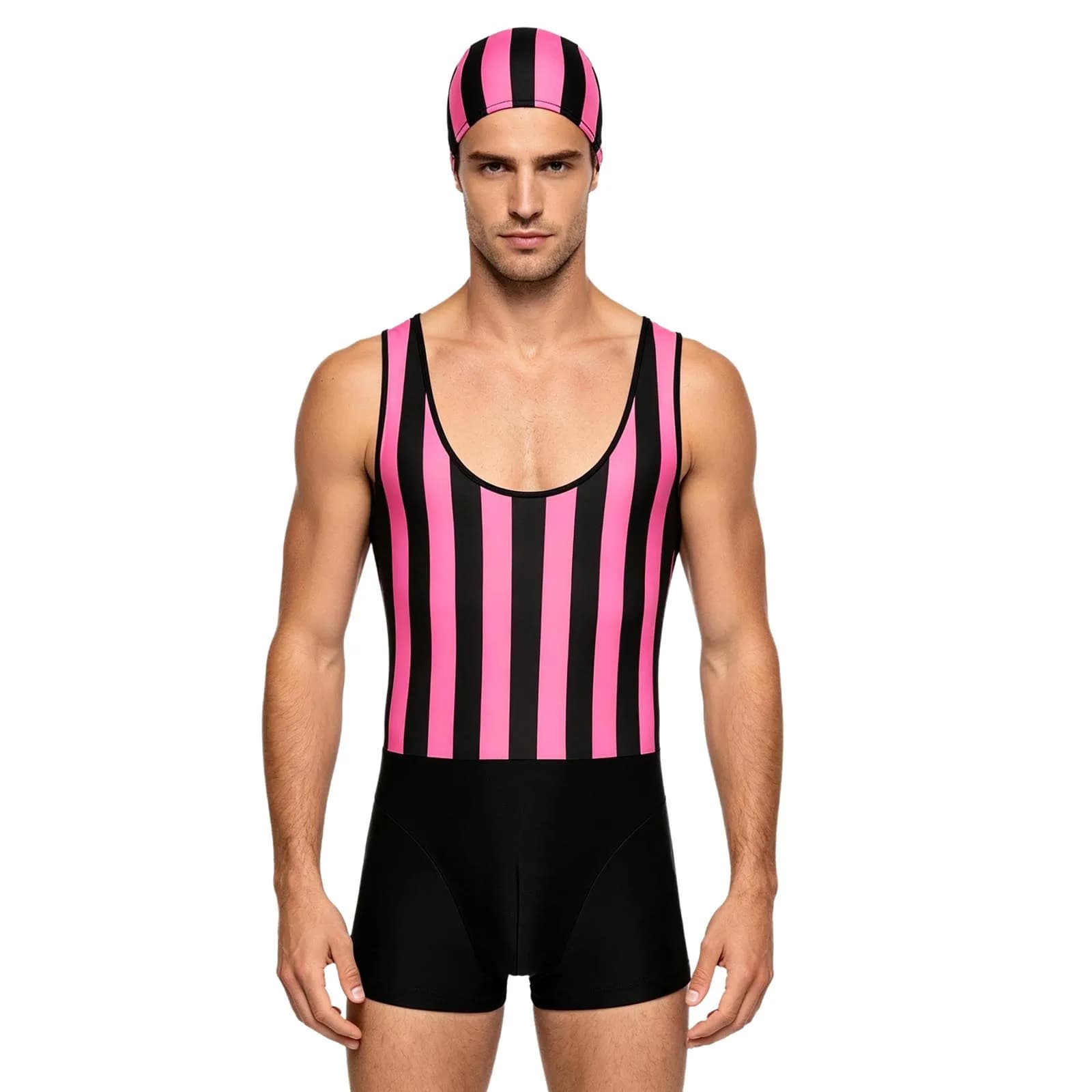 Costume da bagno intero da uomo a righe ad asciugatura rapida con cappuccio, tuta sportiva elasticizzata per wrestling e fitness