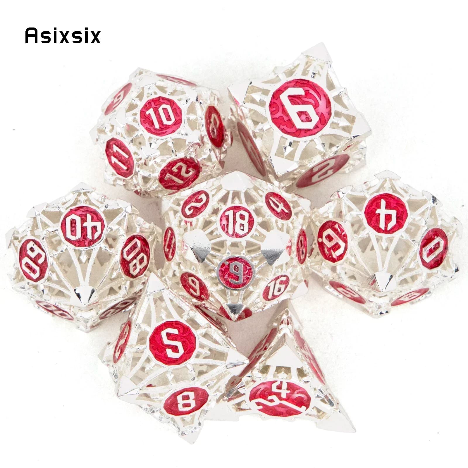 Dadi in metallo, perfetti per giochi di ruolo da tavolo e giochi di carte, set di 7 dadi in metallo cavo argento e rosso, set di dadi DND perfetti per giochi di carte e giochi da tavolo.