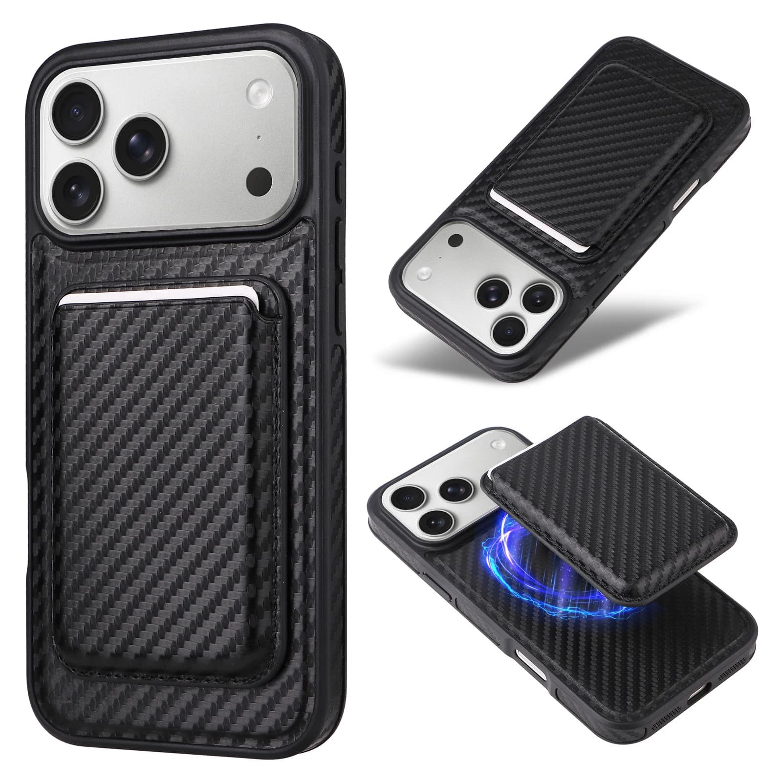 Custodia in pelle con motivo leopardato Saffiano in fibra di carbonio per iPhone 17 16 15 14 13 Pro Max Plus 16E 17Air con supporto magnetico MagSafe per carte