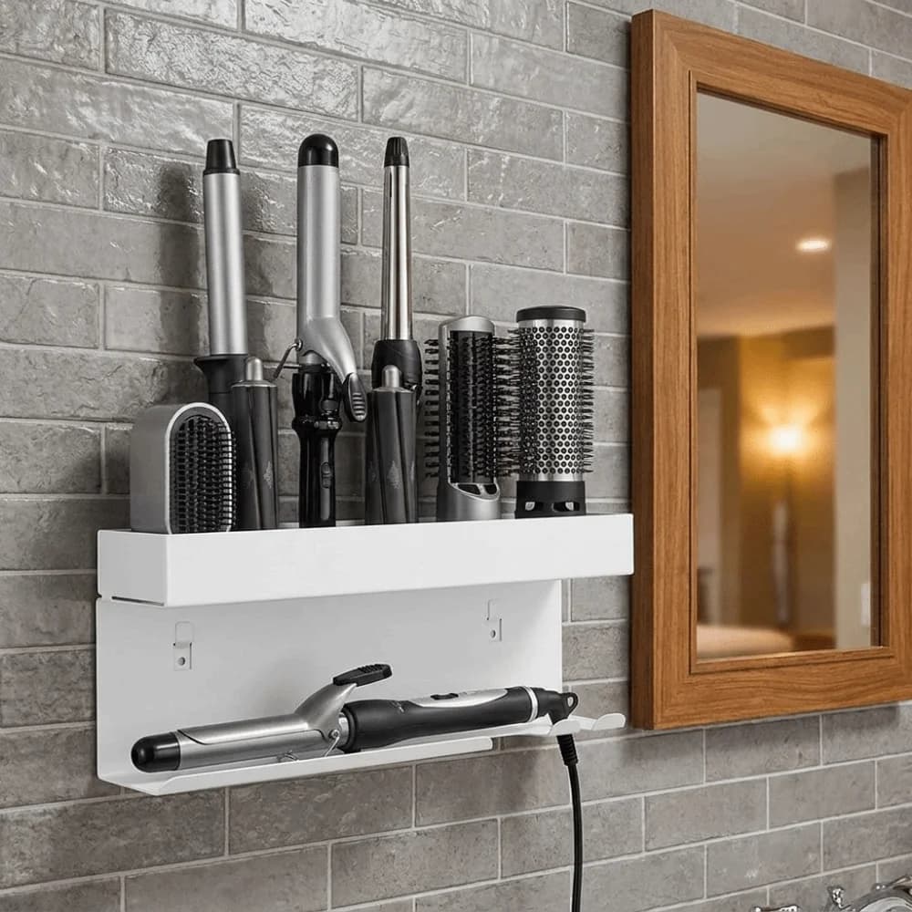 Carbon Steel Curling Iron Storage Rack Wall Mounted Space Saving Hair Tool Holder No Drill Hair Curler Storage Shelf