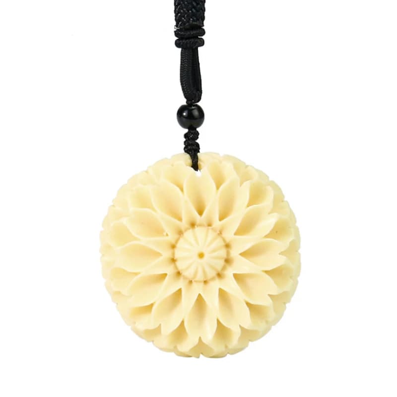 Necklace with 3D Pendant Flower of Life in Natural Ivory TAGUA, Energy Amulet Reiki, Jewel for Chakra