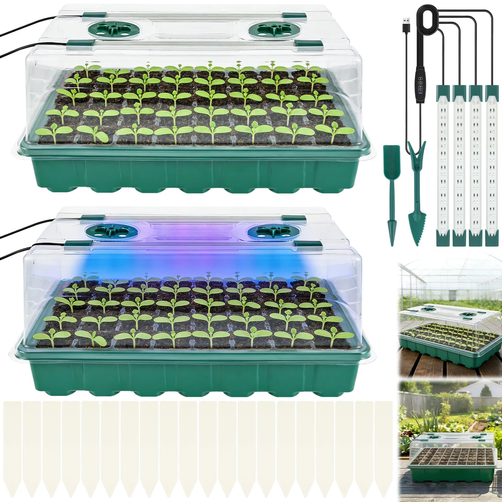 Set of 2 Trays for Semina a 40 Celle with Temporized LED Light, Auto-irrigating Germination Station for Interior for Vegetables, Grasses and Flowers