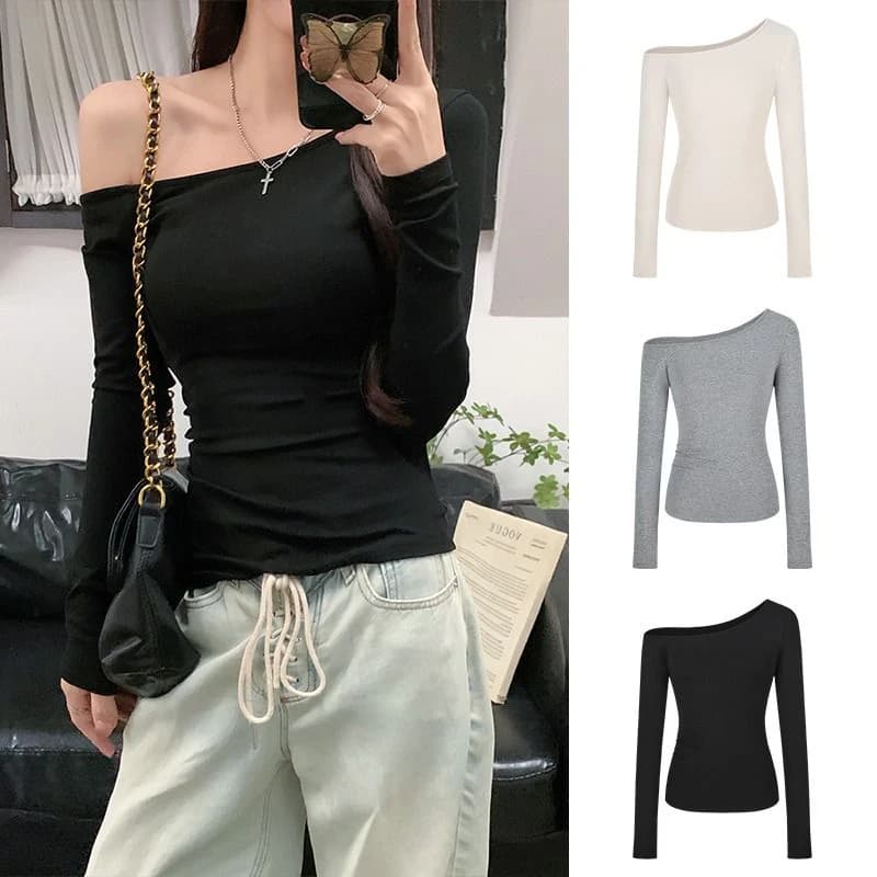 T-shirt da Donna con Spalle Scoperte, Top Sexy alla Moda Slim Fit, Abbigliamento Femminile Classico Coreano a Maniche Lunghe