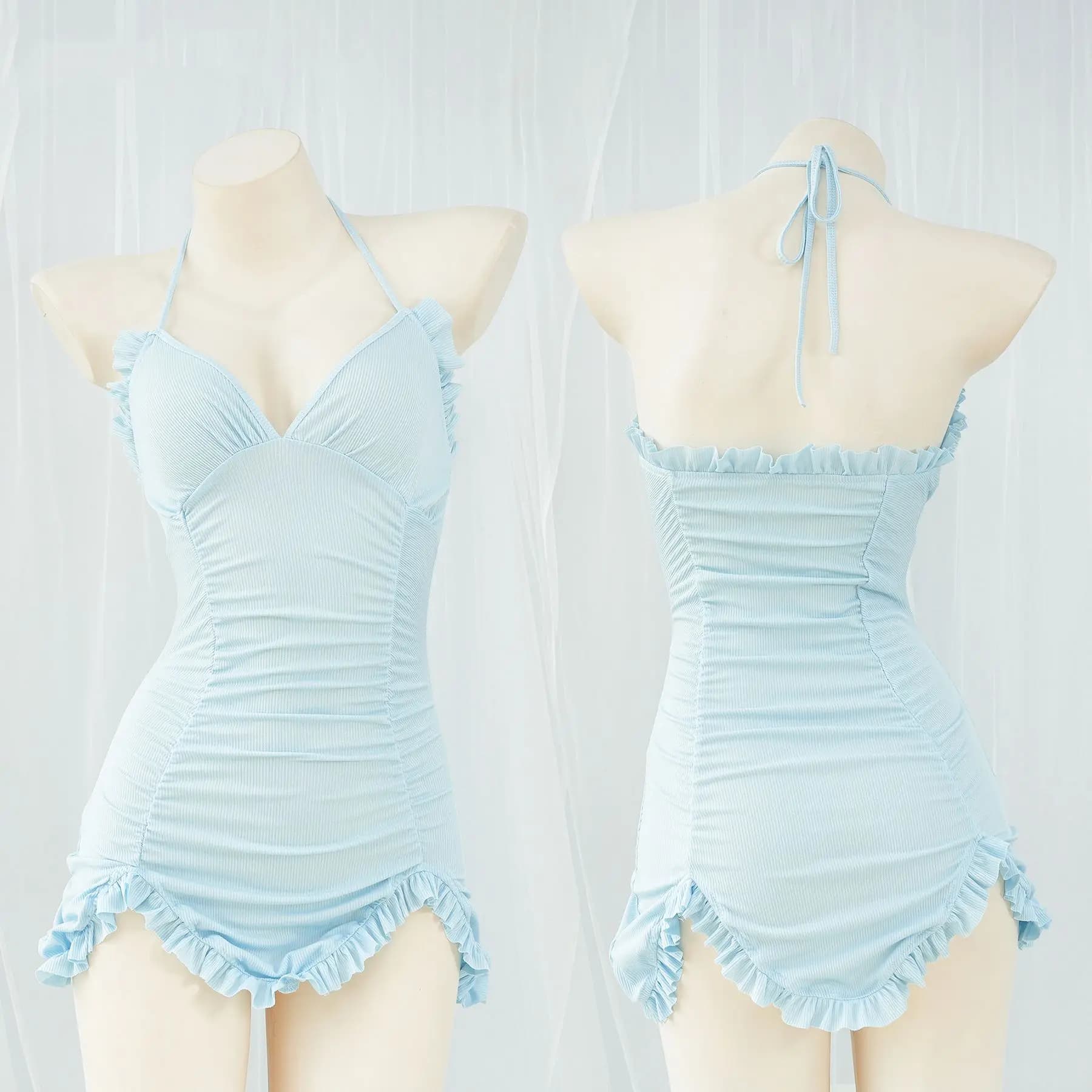 Summer Sweet Beach Girl Student Halter Dress Swimsuit Unifrom Women Macaron Bule Nightdress Pajamas Outfits Costumes Cosplay