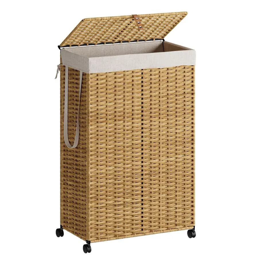 Basket Whiteware with Wheels and Covers, 90L Sottile Candle Basket with Removable Sack, Foldable Sawing Basket in Rattan Knitted with Hand, Straight