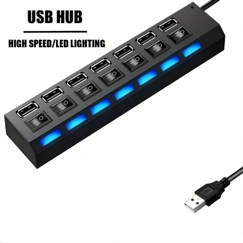 Hub USB 2.0 to 7 Doors with LED, 5Gbps High Speed, USB Power Adapter Multiport, USB Splitter with Laptop Switch, Computer and Home