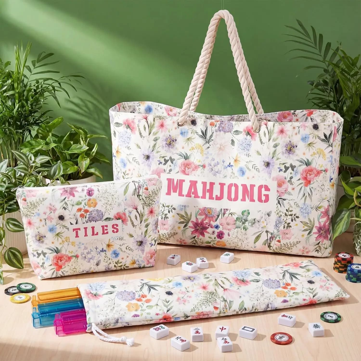Mahjong Bag Set 3 Pcs Floral Canvas Tote Tile Pouch Rack Bag American Mah Jongg Travel Storage Carrying Case Gift