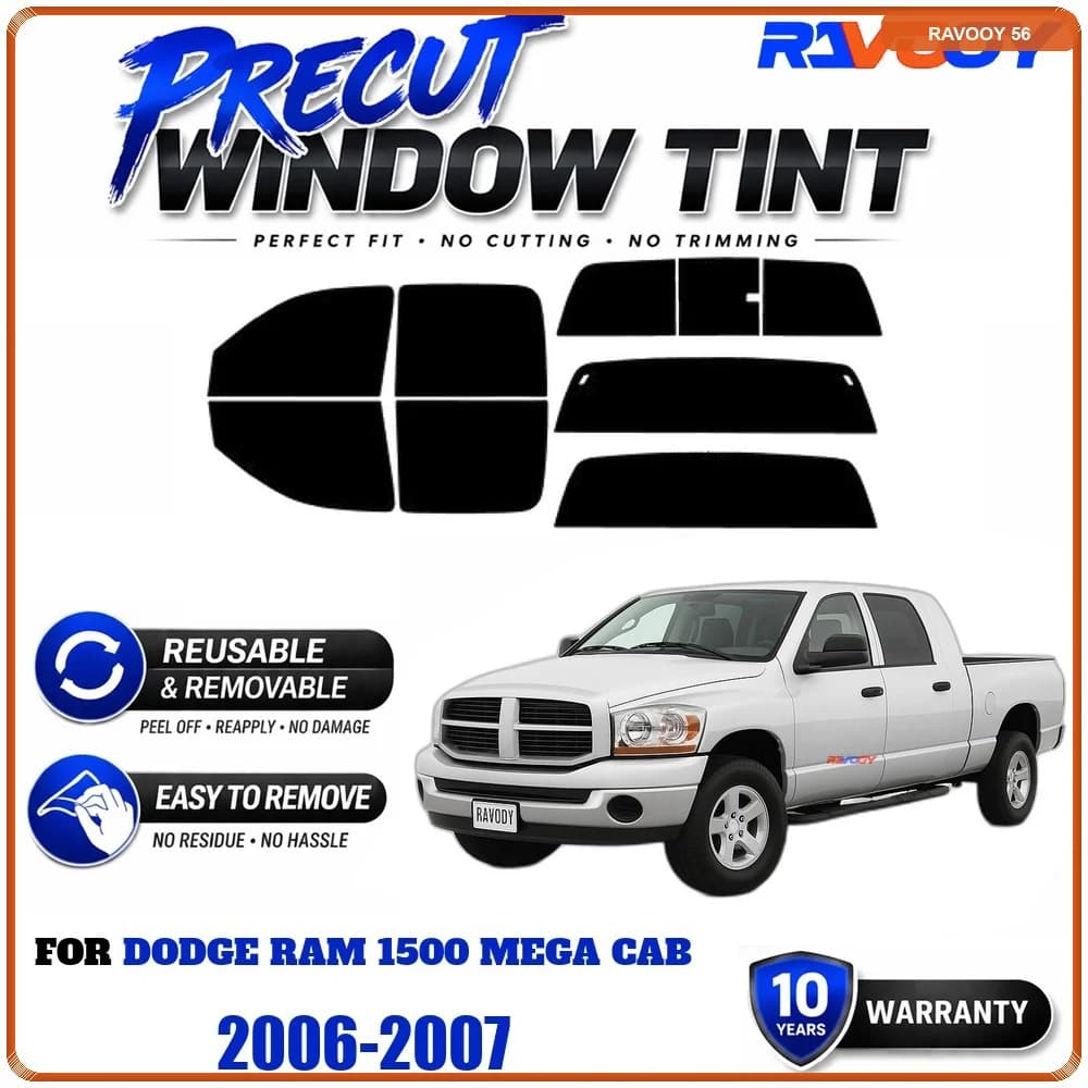 RAVOOY Precut Window Tint, Reusable Removable EPU Film, Custom Fit for Dodge Ram 1500 Mega Cab 2006-2007, UV Heat Protection