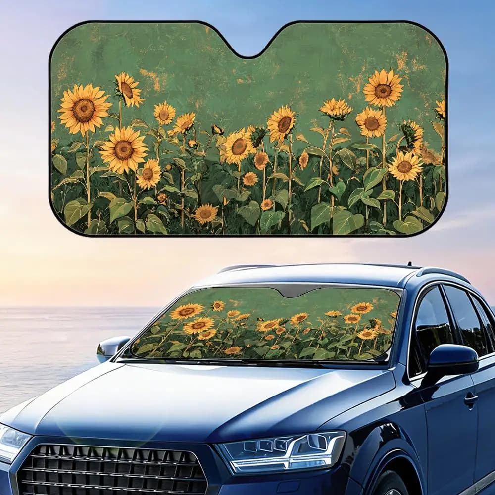 Parasole pieghevole per auto con pittura girasole, protezione UV, isolamento termico riflettente, copertura riutilizzabile